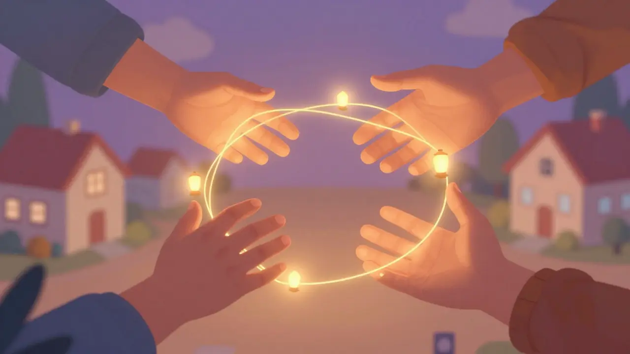 Tři ruce spojené zlatými nitěmi v kruhu, ochraňující světlo.