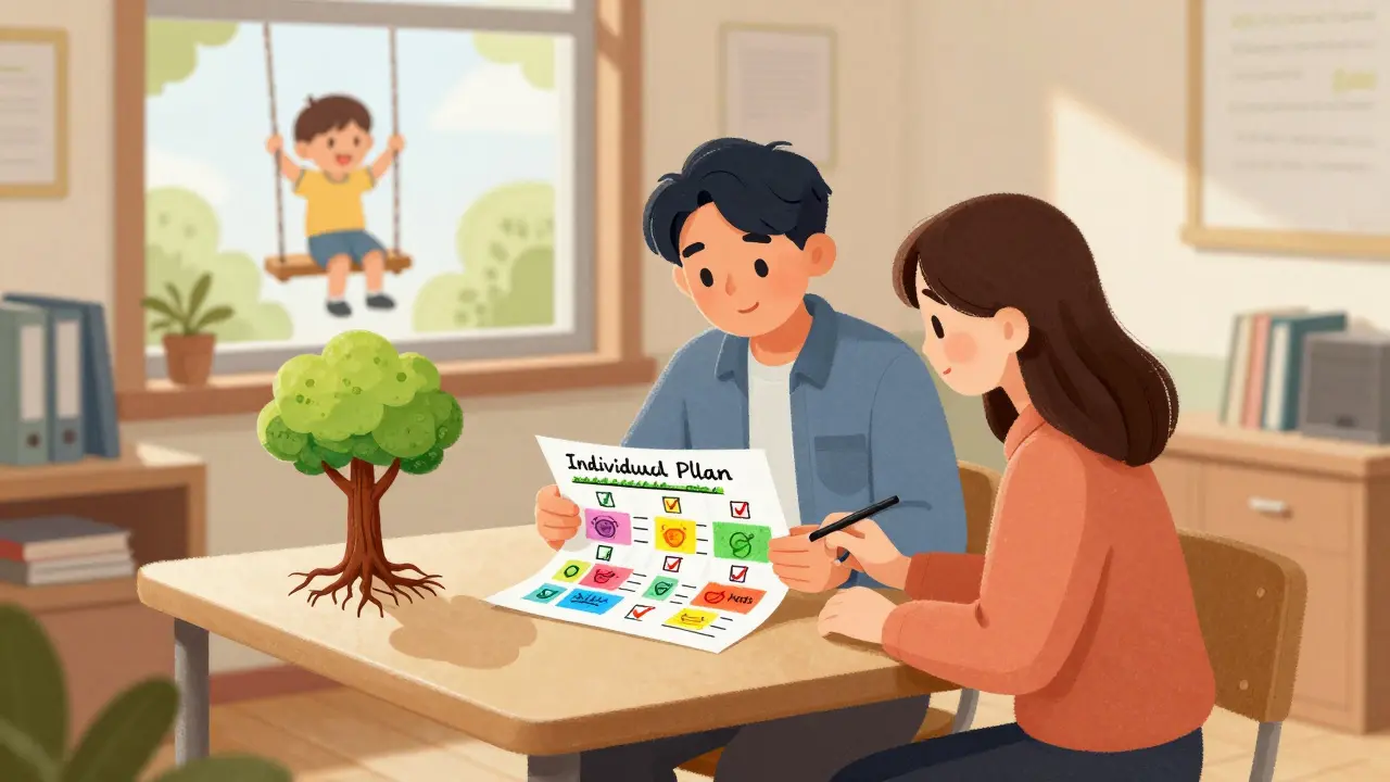 Učitel a rodič společně prohlížejí individuální vzdělávací plán s ikonami.