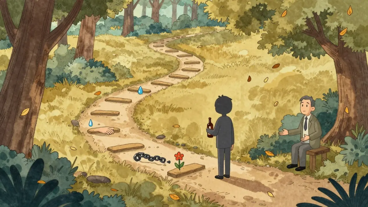 Cesta lesem s kroky symbolizujícími bolest, návrat a naději, klient se dívá zpět na svou minulou verzi.