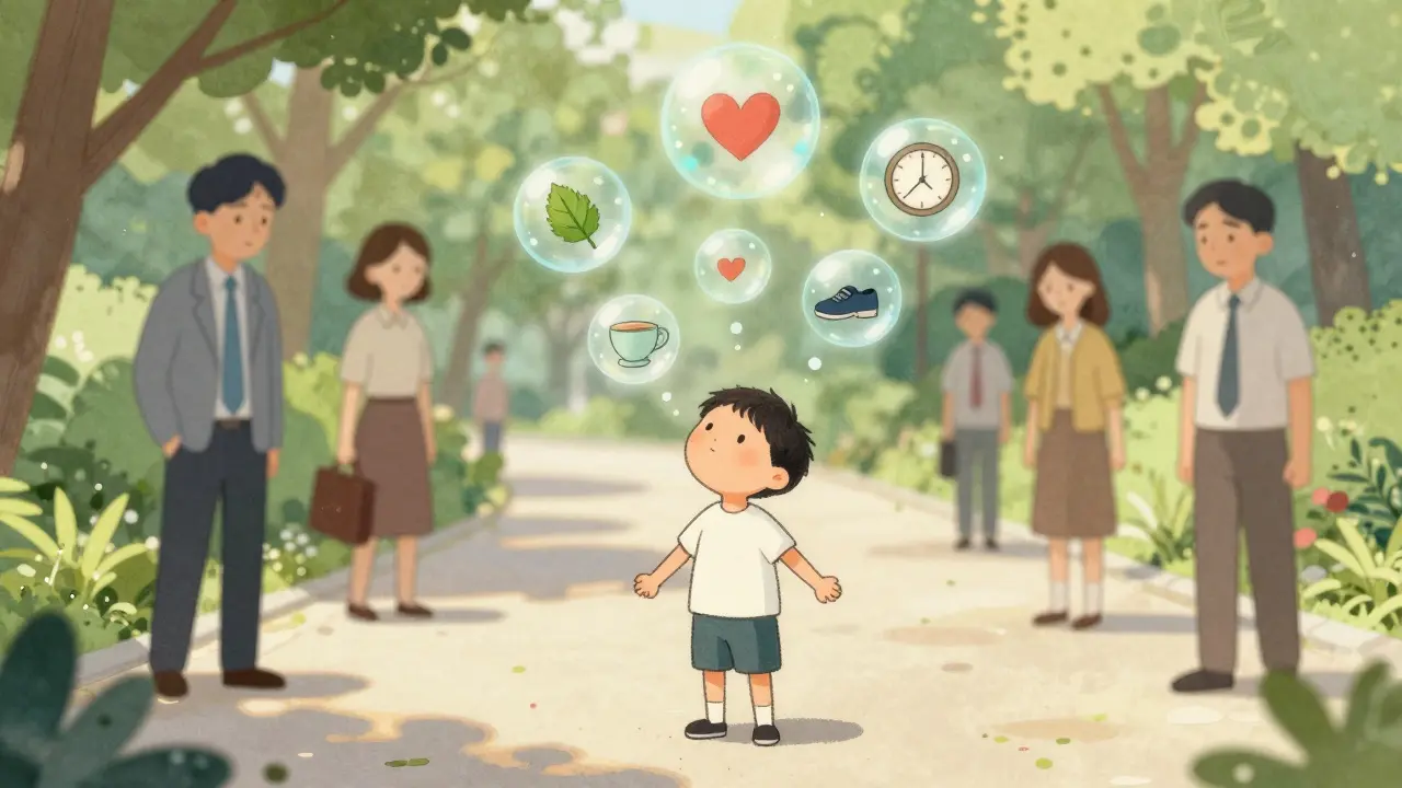 Člověk dýchá v parku, pět dechových bublin s symboly klidu a zdraví se vznáší nad ním.