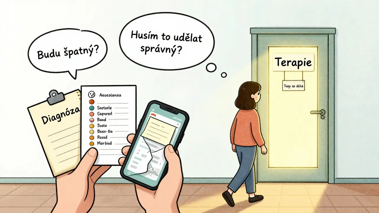 Člověk nese papíry s diagnózou, léky a poznámkami směrem k dveřím terapie, myšlenky ho pronásledují.