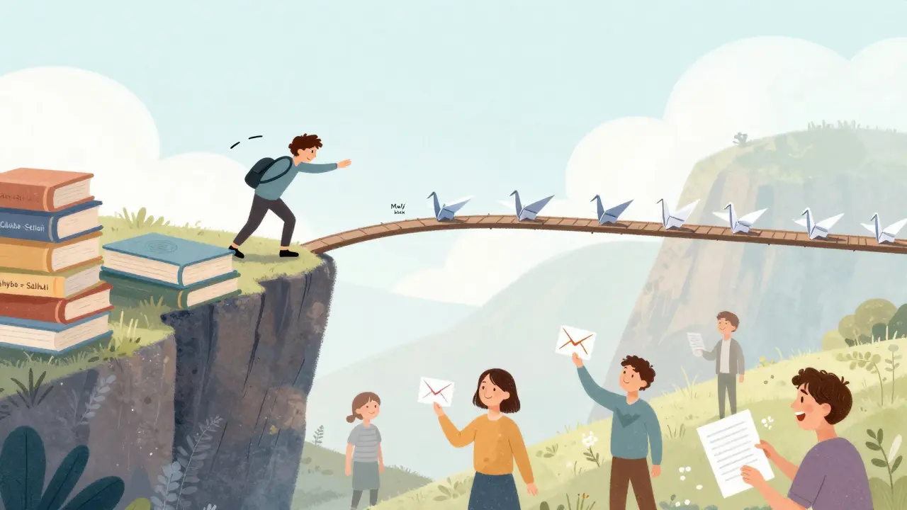 Člověk se rozhoduje přejít přes most z papírových žárovky, zatímco pod ním lidé žijí normální životy bez dokonalosti.