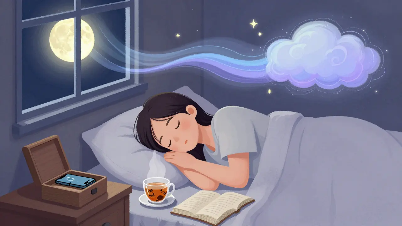 Člověk spí klidně, telefon je uložený v krabici, kniha a čaj na nočním stolku.