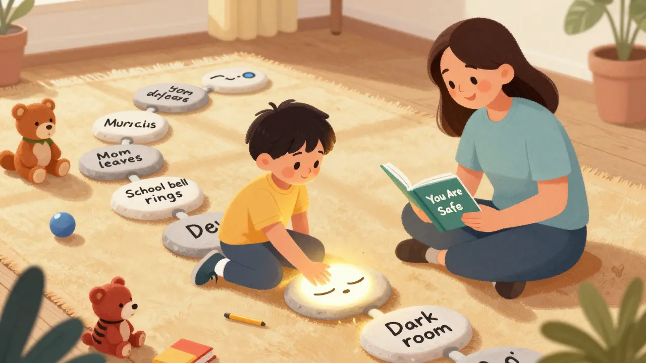 Dítě a terapeut kreslí cestu k překonání strachu pomocí kamenů s výzvami, v klidném terapeutickém prostředí.