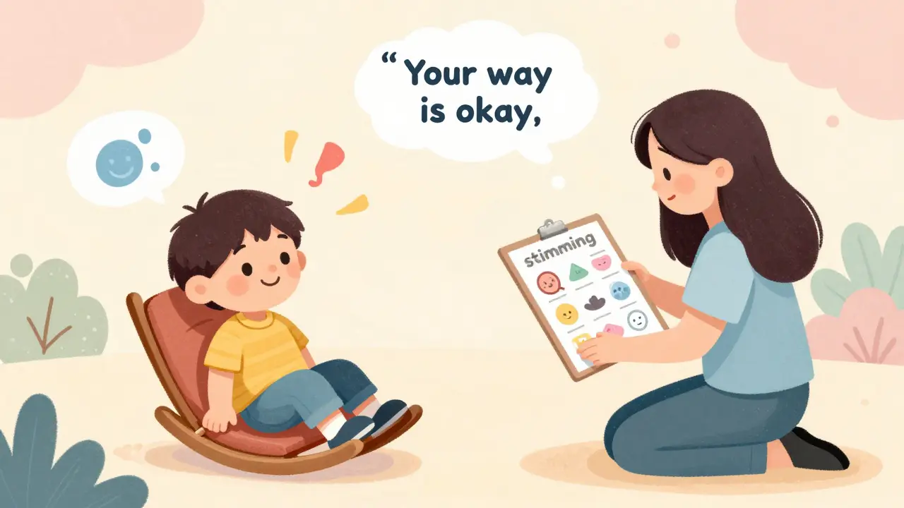 Dítě se houpá, terapeut sedí vedle něj s nástroji pro volbu, respektuje jeho chování.