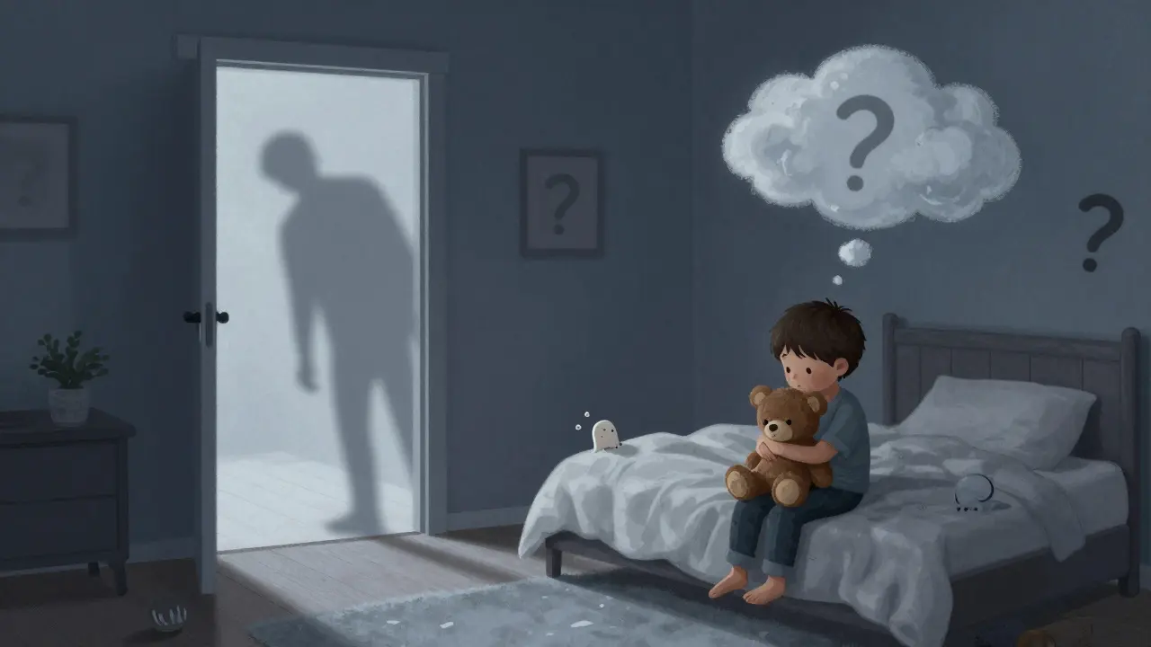Dítě spí v posteli, objímá medvídka, v místnosti je měsíční světlo a stíny odcházejícího rodiče.