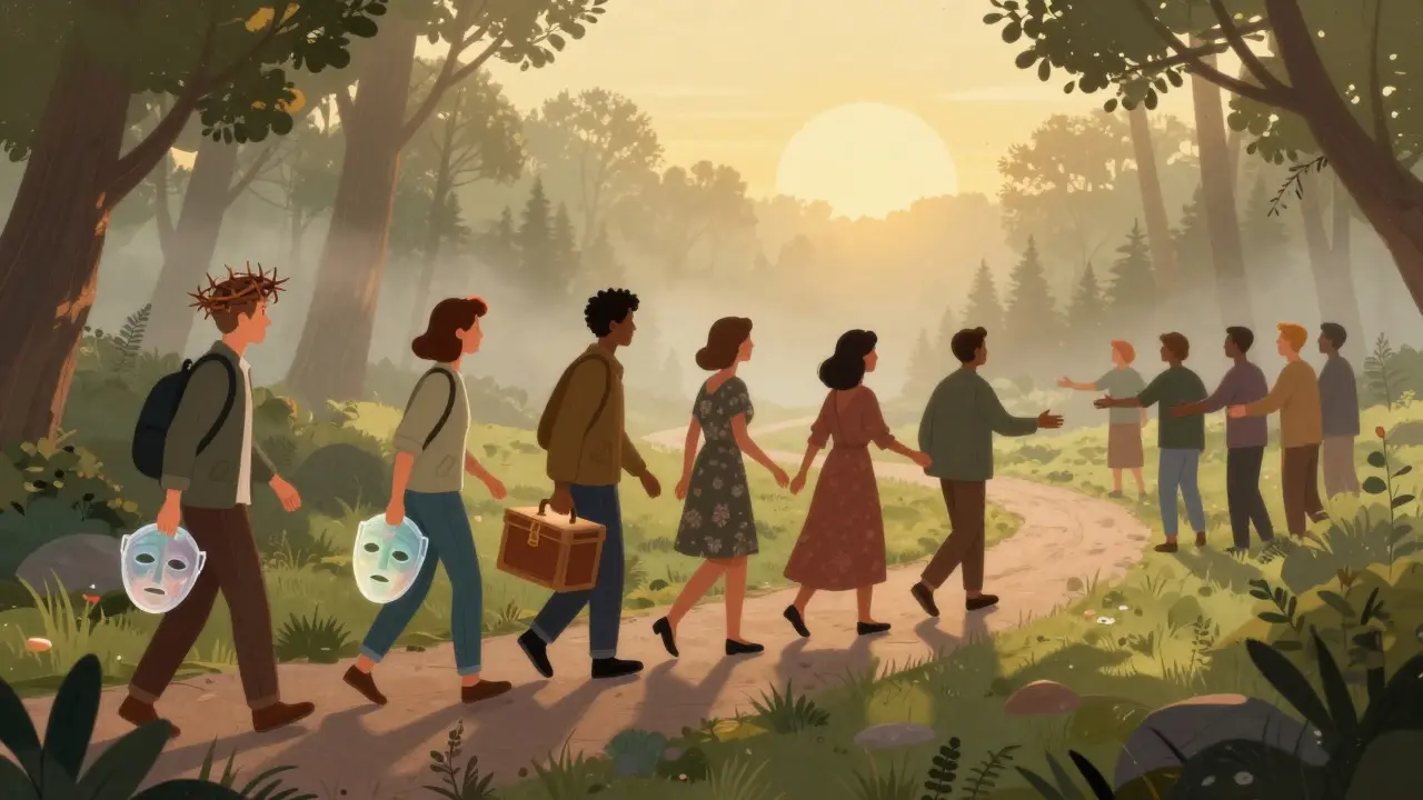 Dospělí lidé odhazují své tíživé břemena a vstupují do slunečného prostoru plného přijetí.