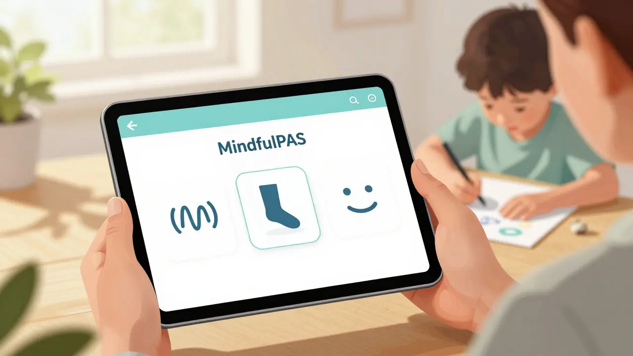 Dospělý drží tablet s aplikací MindfulPAS, za ním dítě klidně kreslí, symbolizující přizpůsobenou mindfulness pro jednotlivé potřeby.