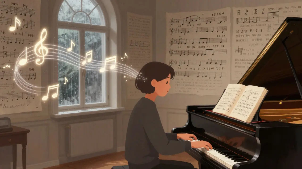 Dospělý muž hraje na klavír, kolem něj se točí světelné noty a tisíce zapsaných dat.