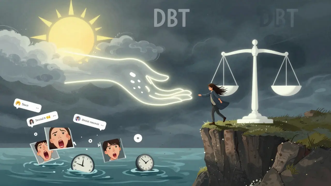 Dospívající je unášen nad bouří emocí pomocí dechu a rovnováhy, symbolizující přeměnu úzkosti v klid.