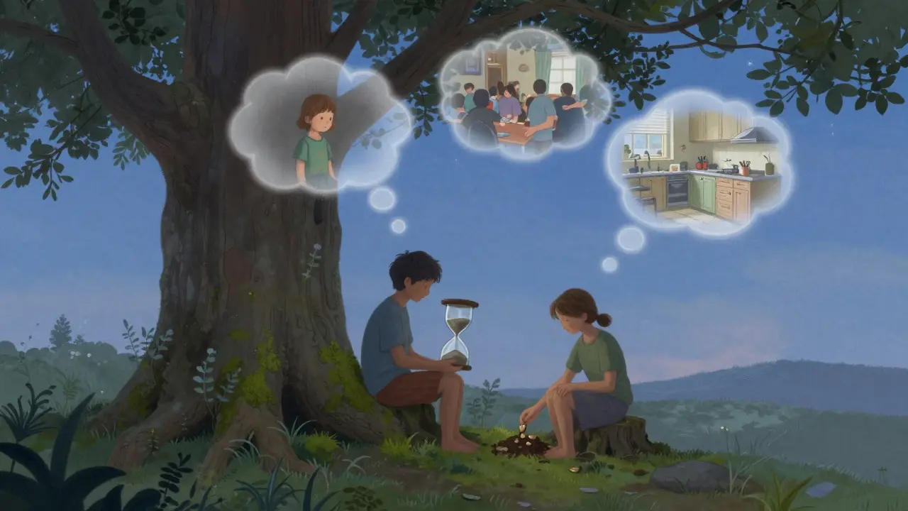 Dva lidé sedí pod stromem, jeden předává semínko do země, symbolizující začátek změny.