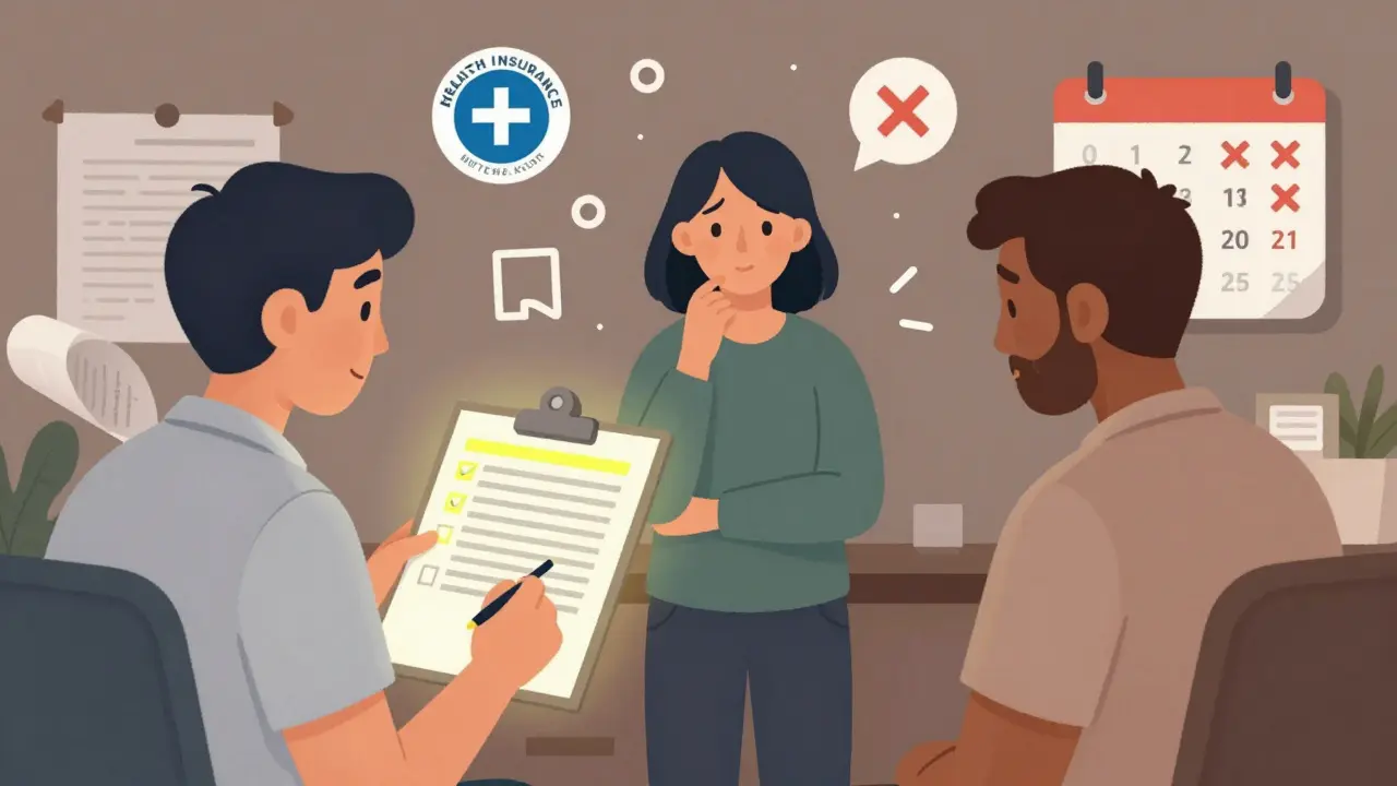 Dva terapeuti a klient mezi nimi, jeden s pravidly, druhý s skrytými podmínkami, symboly pojišťovny a zrušených termínů.