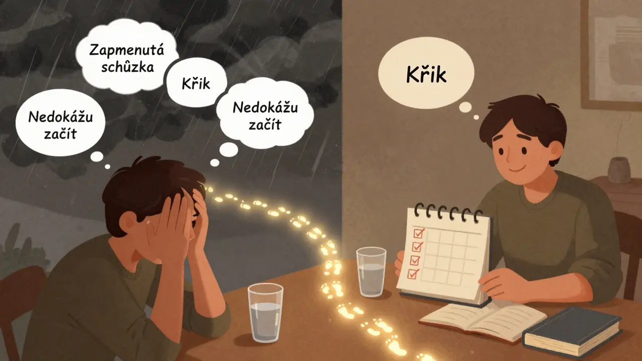Dvě strany jedné osoby: chaos vs. klid s nástroji pro ADHD.