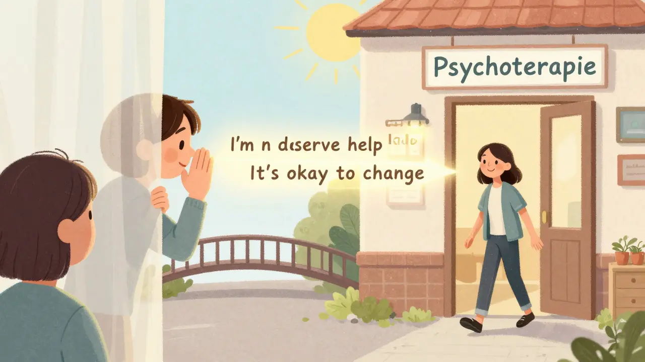 Dvě verze jedné osoby: jedna se skrývá, druhá jde do budovy psychoterapie — mezi nimi most z vět.