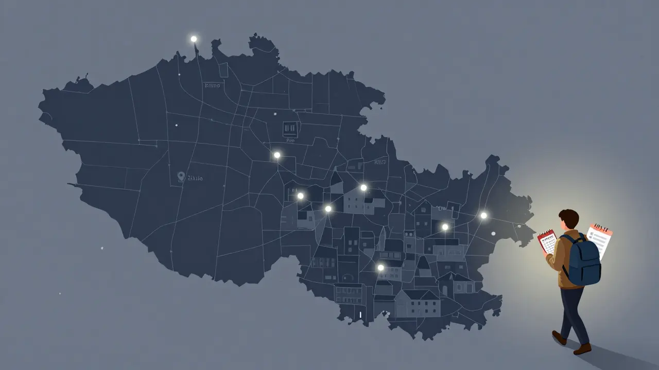 Mapa Česka s jen několika centry léčby ADHD, jedna osoba cestuje k nim.