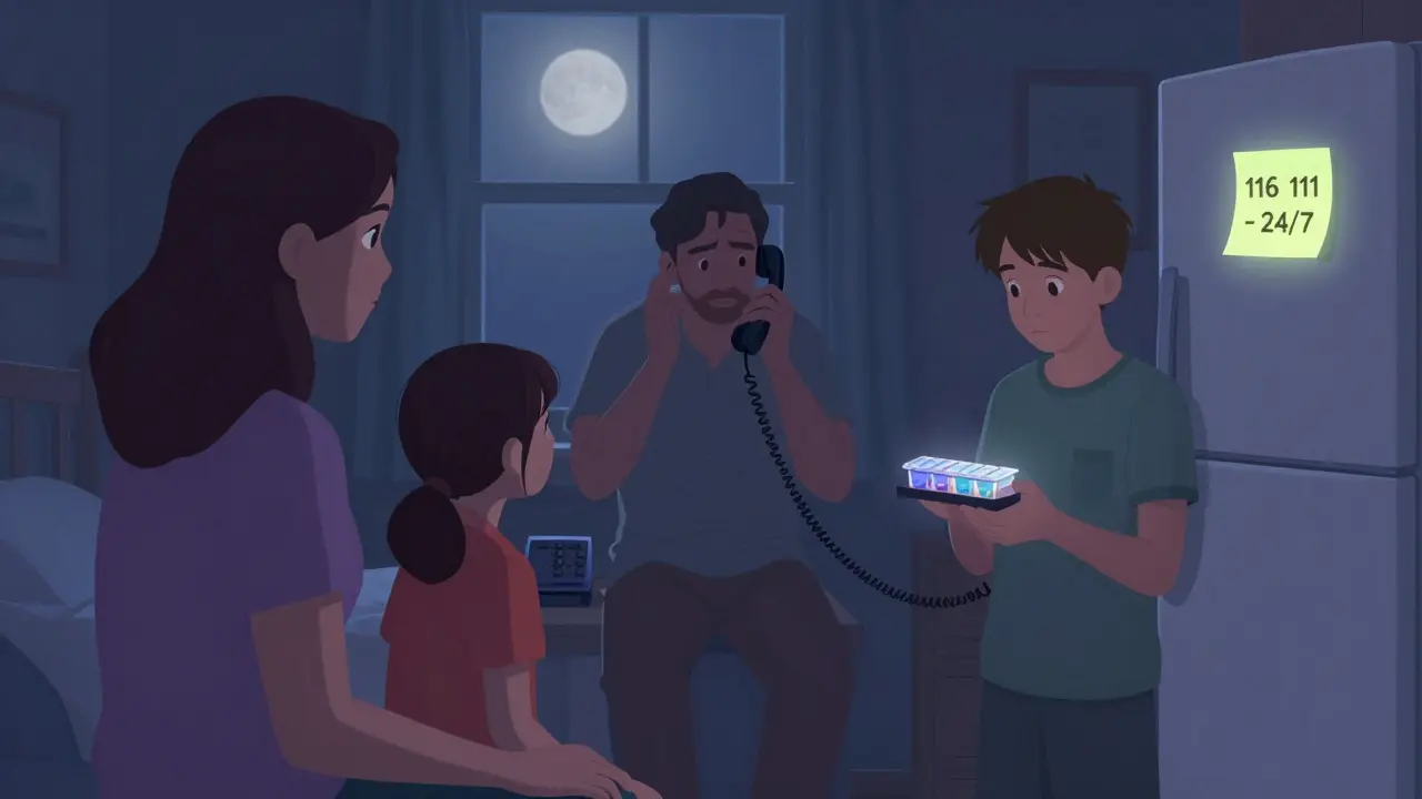 Matka drží dceru za ruku v pokoji, otec volá na telefon, bratr drží léky za ticha noci.