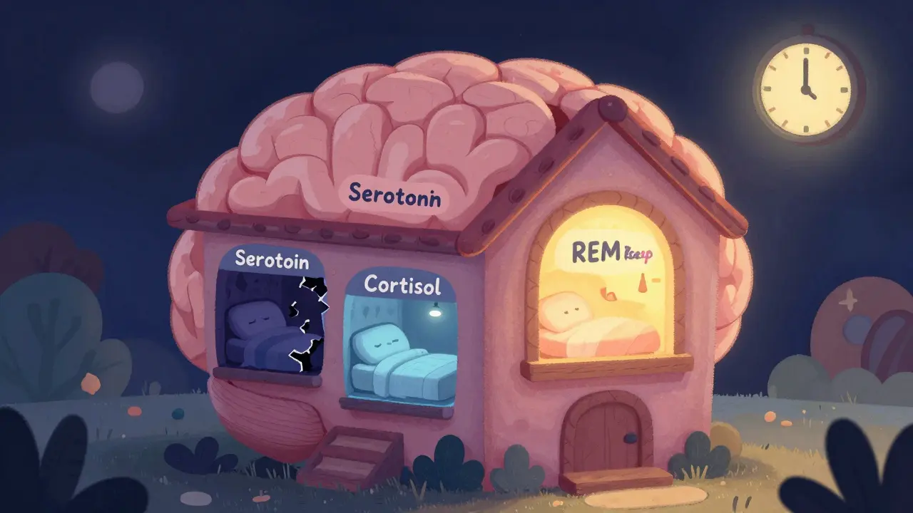 Mozek jako domov s třemi místnostmi, z nichž jedna je tmavá, druhá slabě osvětlená a třetí září.