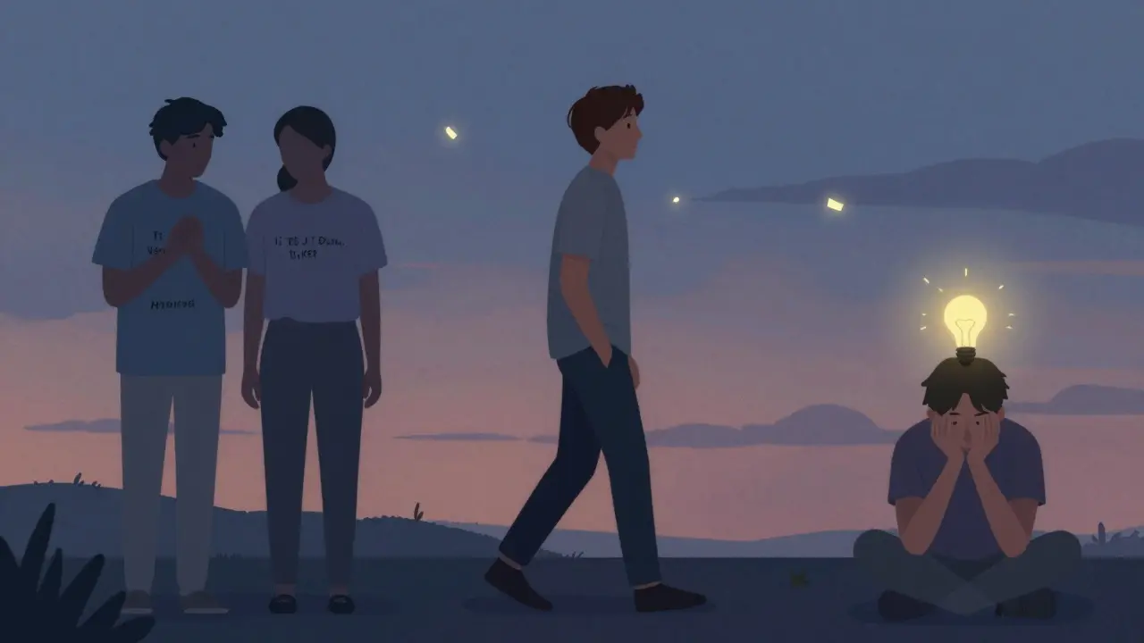 Osoba jde domů ve večerním světle, kolem ní se objevují vzpomínky a zářivé okamžiky poznání.