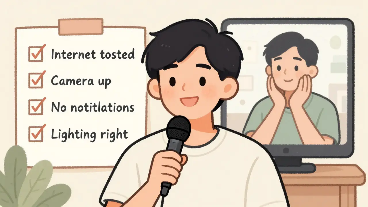 Osoba mluví do mikrofonu, na obrazovce vidí terapeuta, za ní kontrolní seznam s zaškrtnutými body.