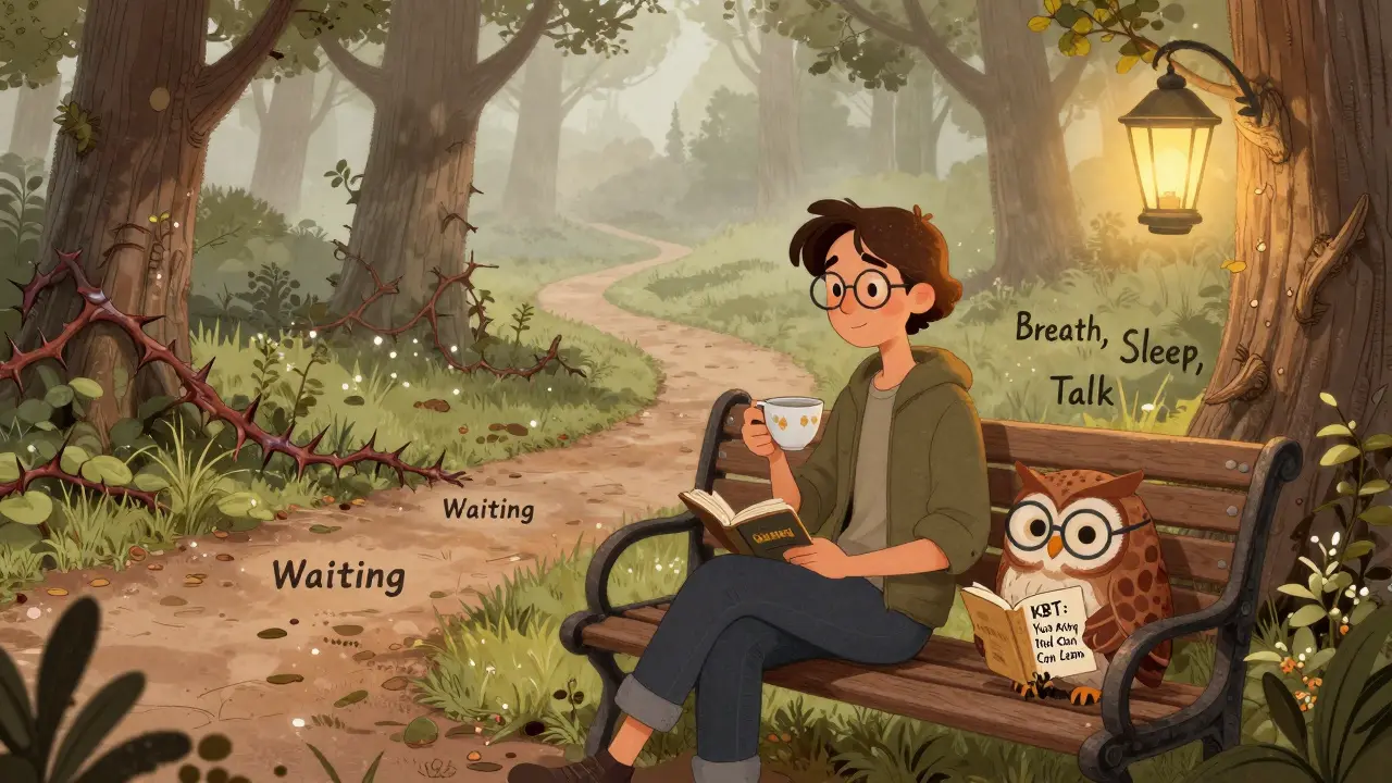 Osoba na lavičce v mlze s sovou, která drží knihu, cesta za ní se dělí na temnou a osvětlenou.