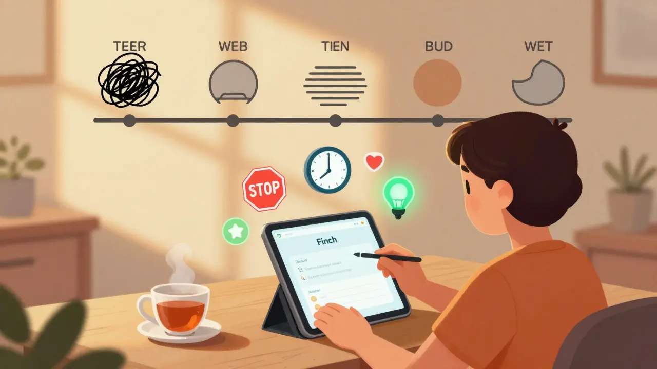 Osoba používá aplikaci pro sebekontrolu, kolem ní symboly pauzy, času a klidu, znázorňující postupný pokrok.