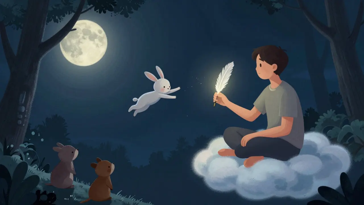 Osoba přepisuje děsivý sen na oblacích, proměňuje pád v klidný let nad lesem, symbolizující terapeutickou transformaci.