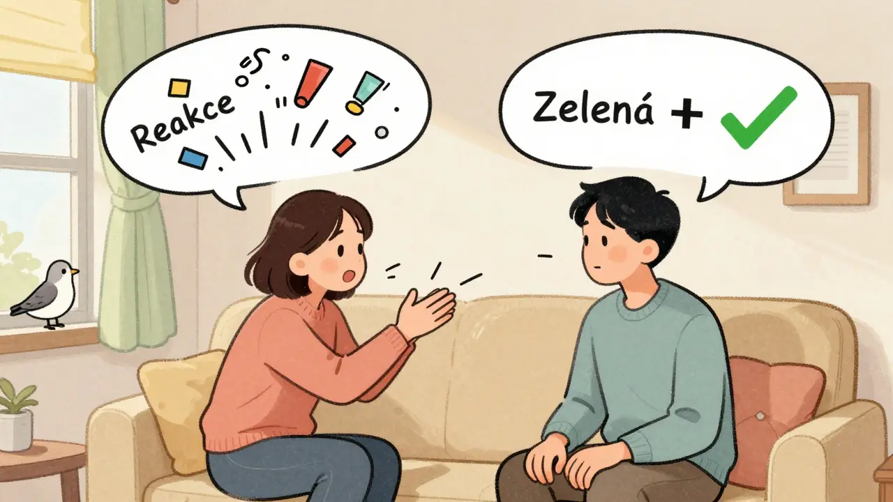 Osoba přerušuje hovor, myšlenky se dělí na chaotickou reakci a klidnou pauzu s zelenou značkou.