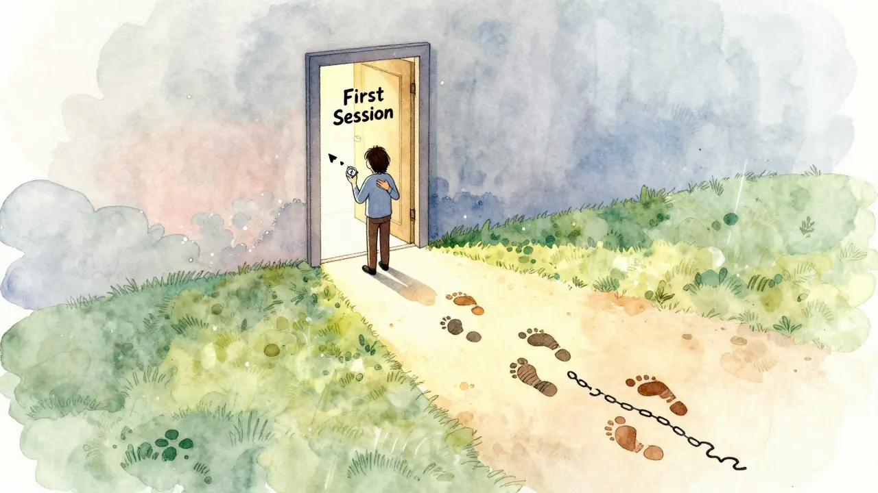 Osoba se dívá na otevřené dveře označené 'První sezení', cesta kolem ní ukazuje různé přístupy terapie.