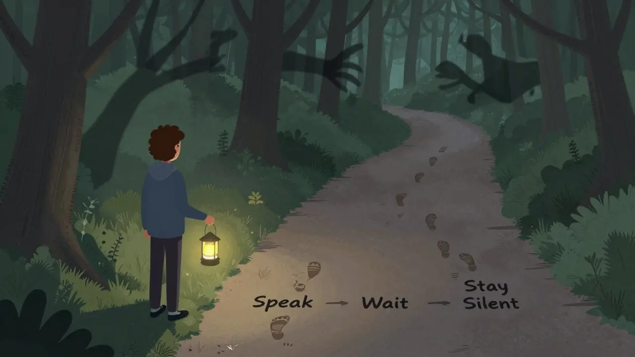 Osoba stojí na kraji lesa s lucernou, před ní vede cesta s malými výběry chování.