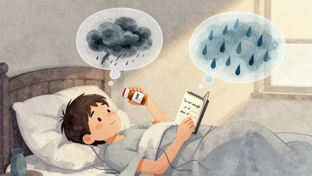 Osoba v posteli drží pilulky a poznámky, nad ní plavou myšlenky ve formě bouřky a deště.