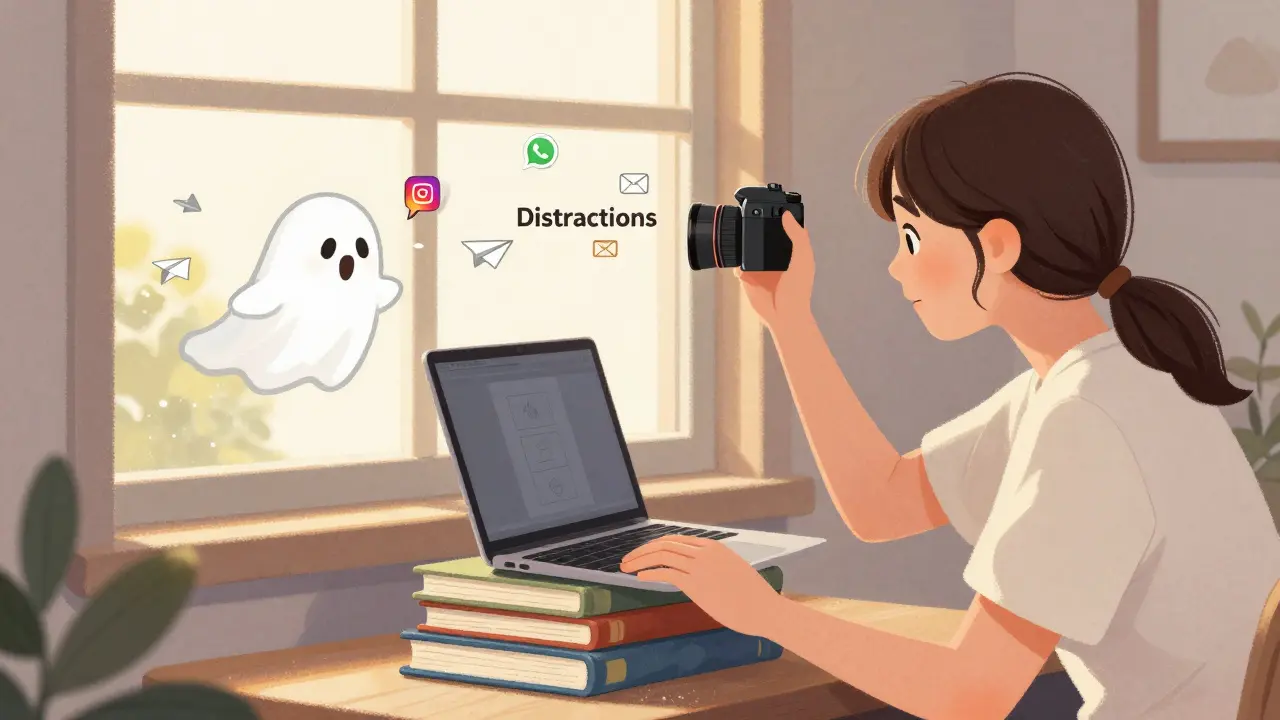 Osoba zvedá počítač na knihy, aby byla kamera na úrovni očí, zatímco notifikace odletí z okna.