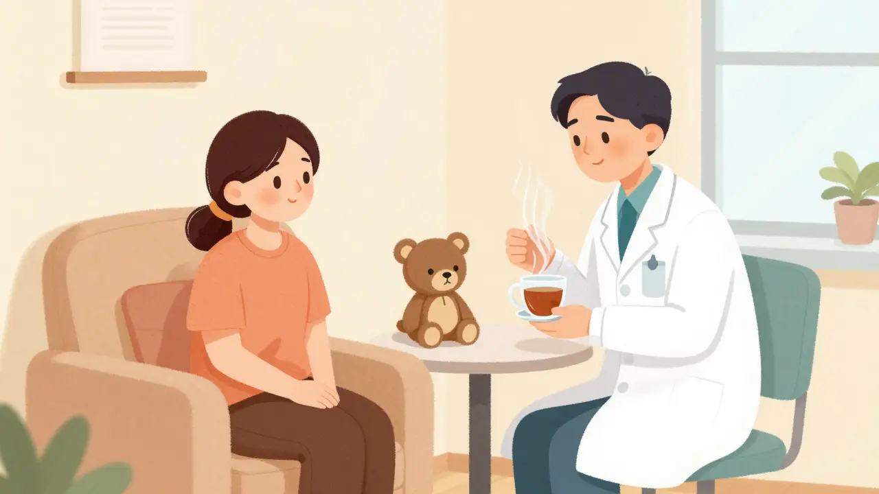 Pacient a lékař v klidné pohotovosti s šálkem čaje a měkkým medvědkem na stole.