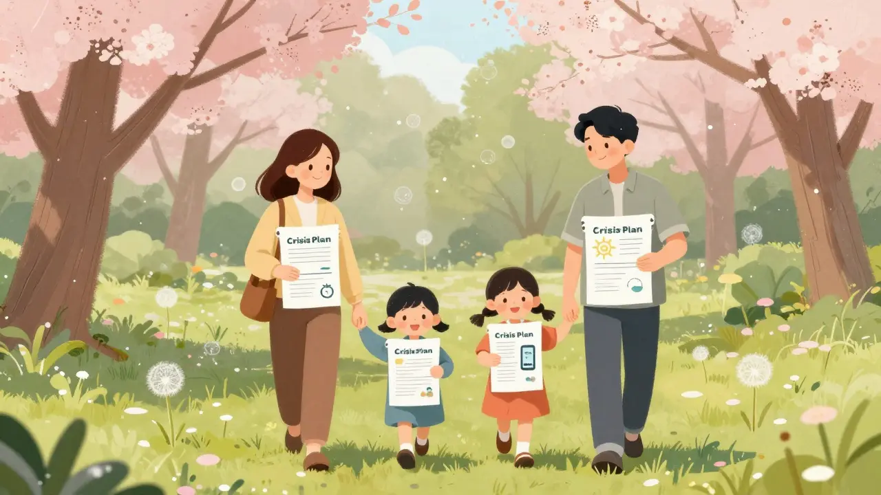 Rodina prochází parkem s tiskem krizového plánu, symbolické znamení slunce a klidná atmosféra.