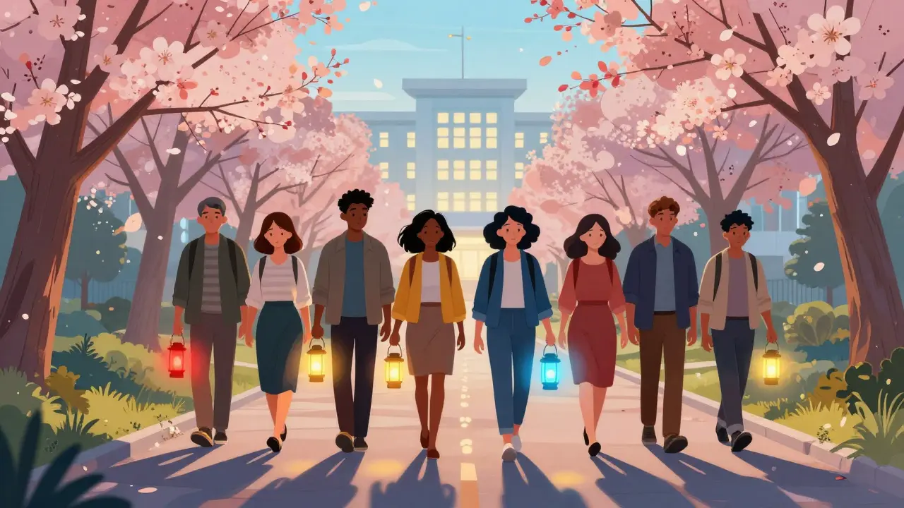 Různí lidé jdou po světelné cestě s lucernami, nemocnice na vzdáleném konci.