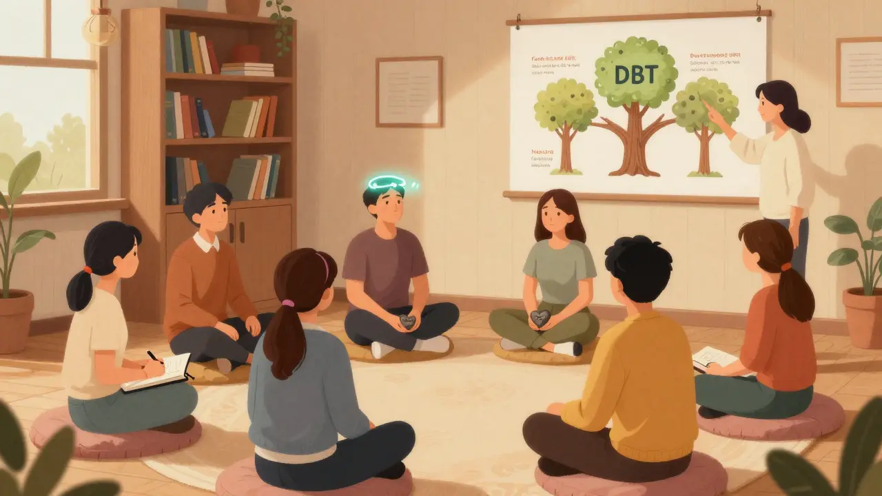 Skupina lidí v terapeutické místnosti trénuje DBT dovednosti, kolem nich jsou vizuální symboly čtyř pilířů.