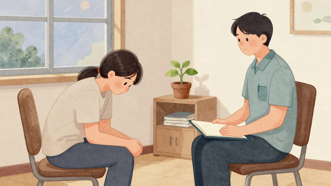 Terapeut a klient sedí v klidné místnosti, kde klid a přítomnost nahrazují slova.