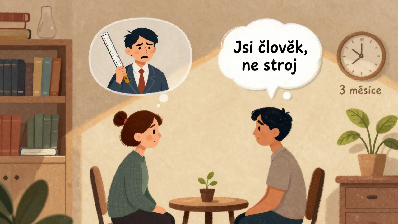 Terapeut a klient sedí v klidné místnosti, nad nimi se objevují myšlenky kritika a podpory, zatímco roste rostlina.