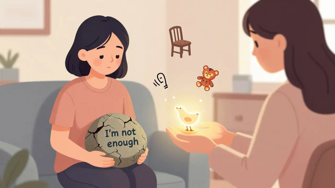 Terapeut klidně předává klientovi zářící ptáka, symbol naděje a přijetí.