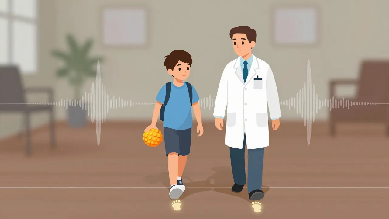 Terasa a teenagerek pomalu jdou po čáře na podlaze, drží senzorickou kouli, kolem nich zmizí zvukové vlny.