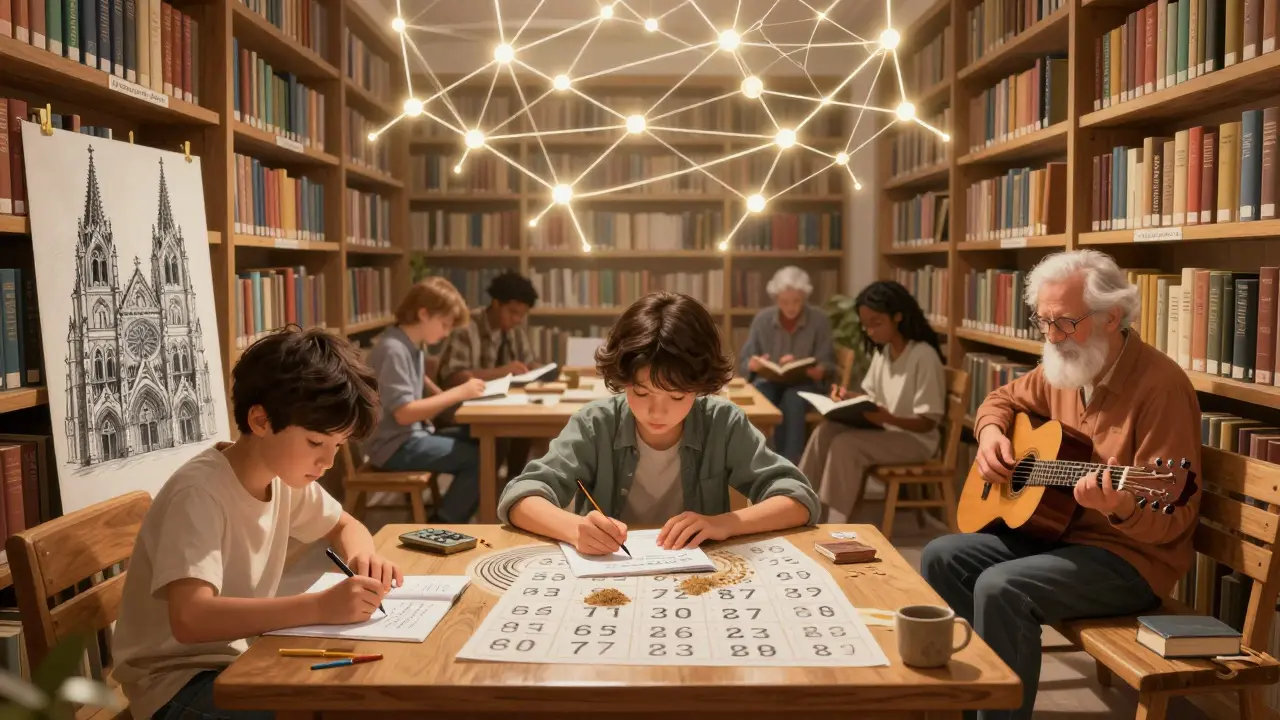 Tři lidé různých věků v knihovně, každý vyjádřený svou výjimečnou schopností, propojení světelnými vlákny.