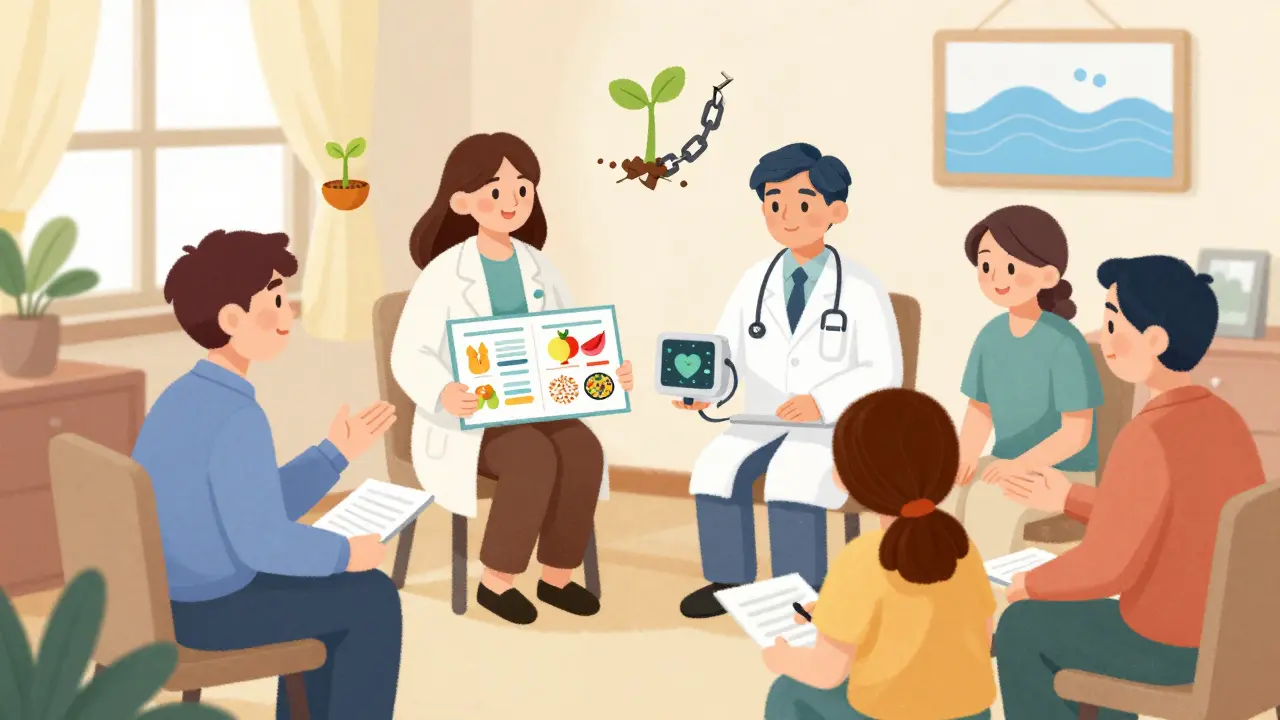 Tým lékařů a terapeutů pomáhá dospívajícímu s poruchou příjmu potravy v klidné, osvětlené místnosti.