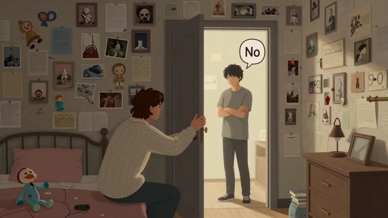 V pokoji z pamětí otevírá člověk dveře, kde jeho mladší já stojí silné a říká 'Ne', zatímco světlo rána proniká do místnosti.