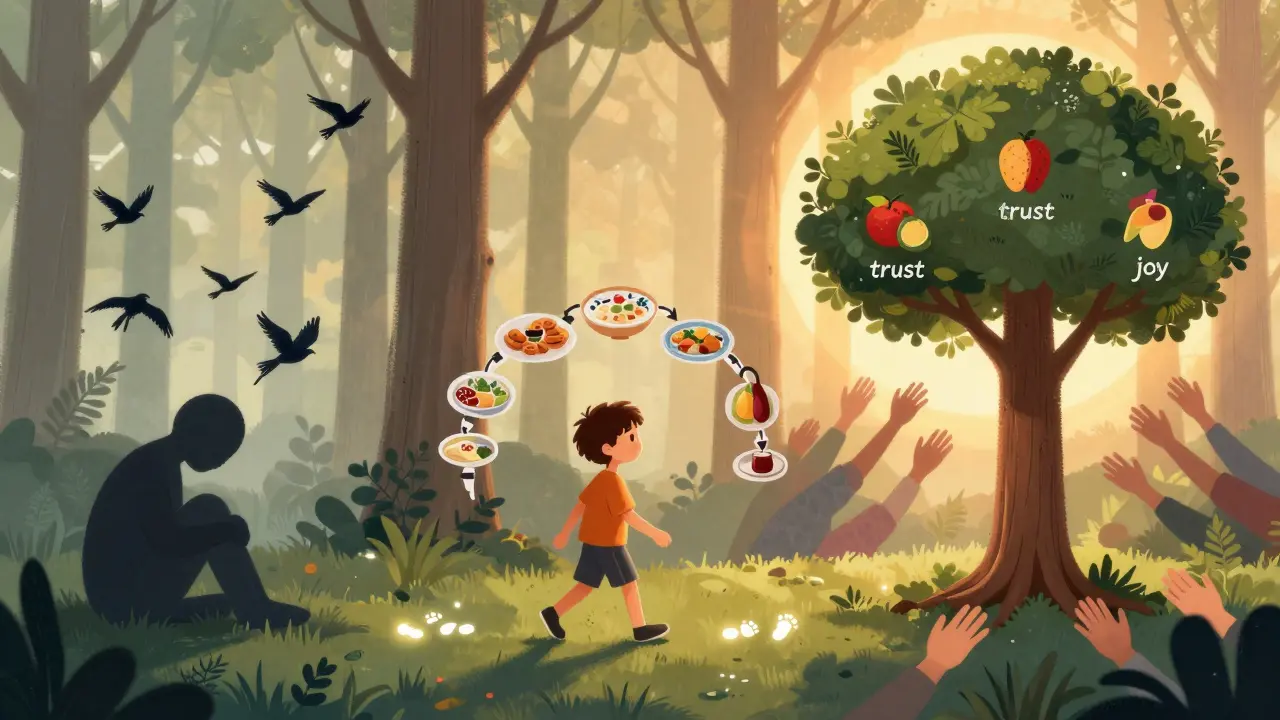 Vývoj z izolace k uzdravení: stínová postava přechází do světlé scény s podporou a růstem.