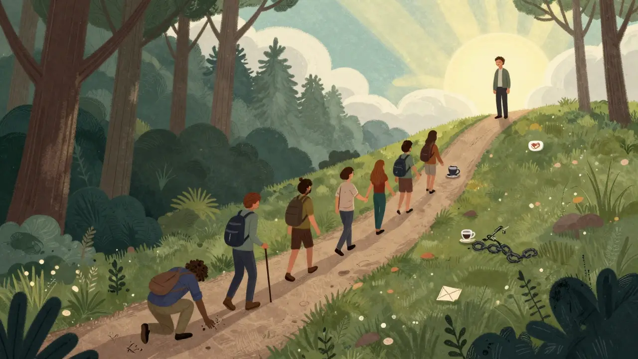 Cesta lesem s cestovateli na různých fázích léčby, poslední stojí na vrcholu s sluncem.