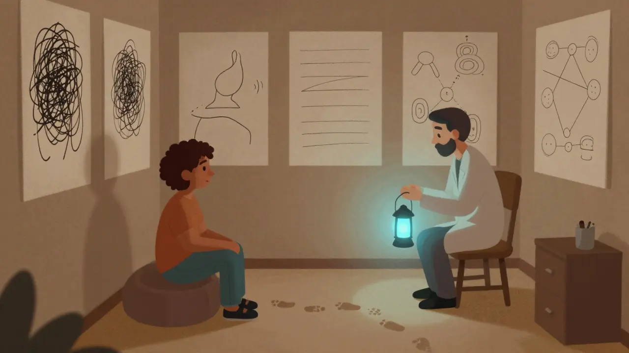 Člověk sedí v místnosti s vývojem terapie na stěnách, terapeut drží lucernu.