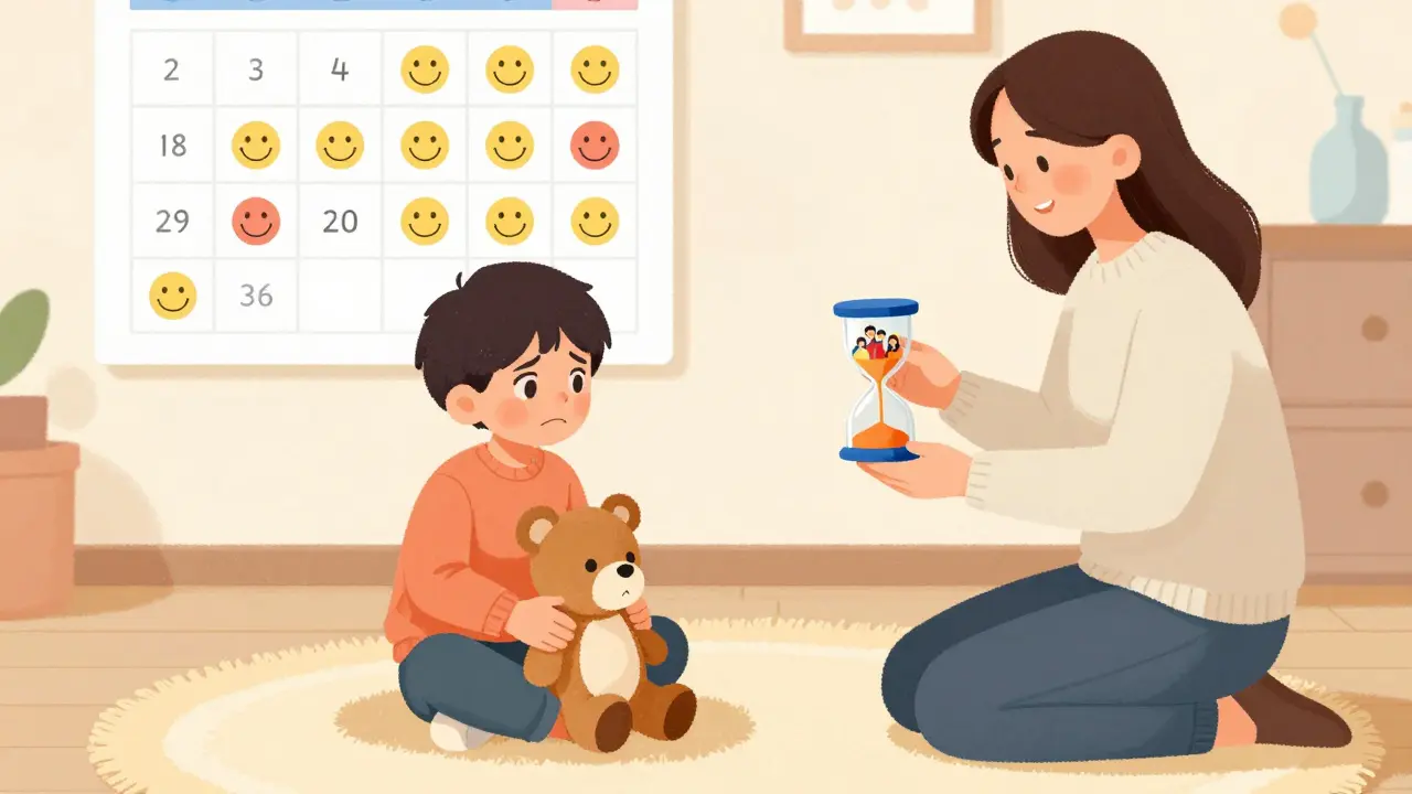 Dítě hraje se zvířátkem s terapeutem, kteří spolu sledují přehled časového plánu odličování.