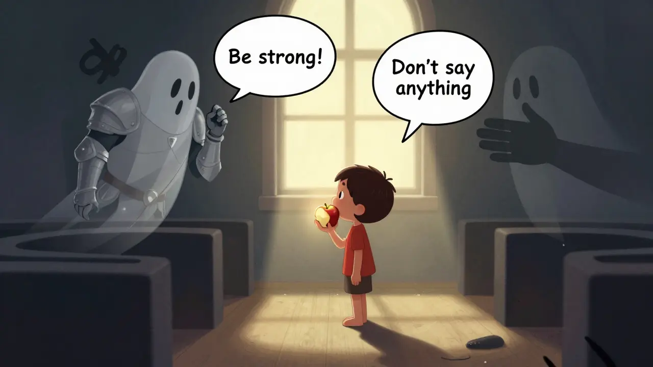 Dítě s polovinou jablka, nad ním dva protichůdné hlasové příkazy, symbolizující dvojnou vazbu v komunikaci.