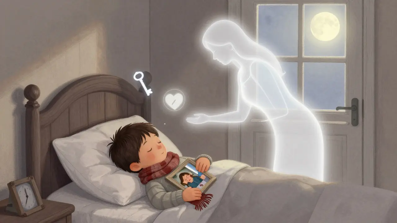 Dítě spí, drží šátek a fotku rodičů, zatímco jemný obraz matky je vidět jako přítomná síla v místnosti.