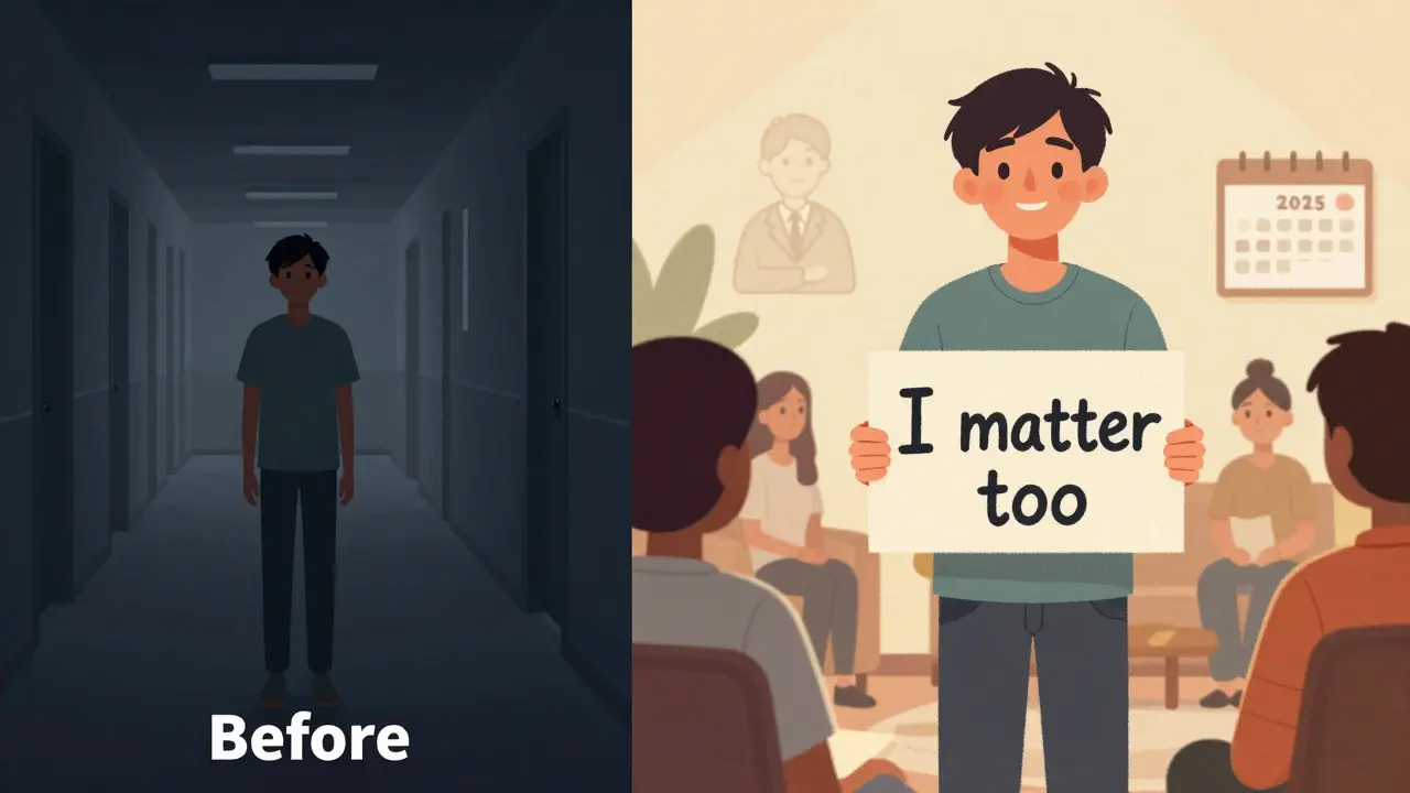 Dítě v pravé části obrázku se směje mezi kamarády, zatímco vlevo stojí osamělé ve tmě.