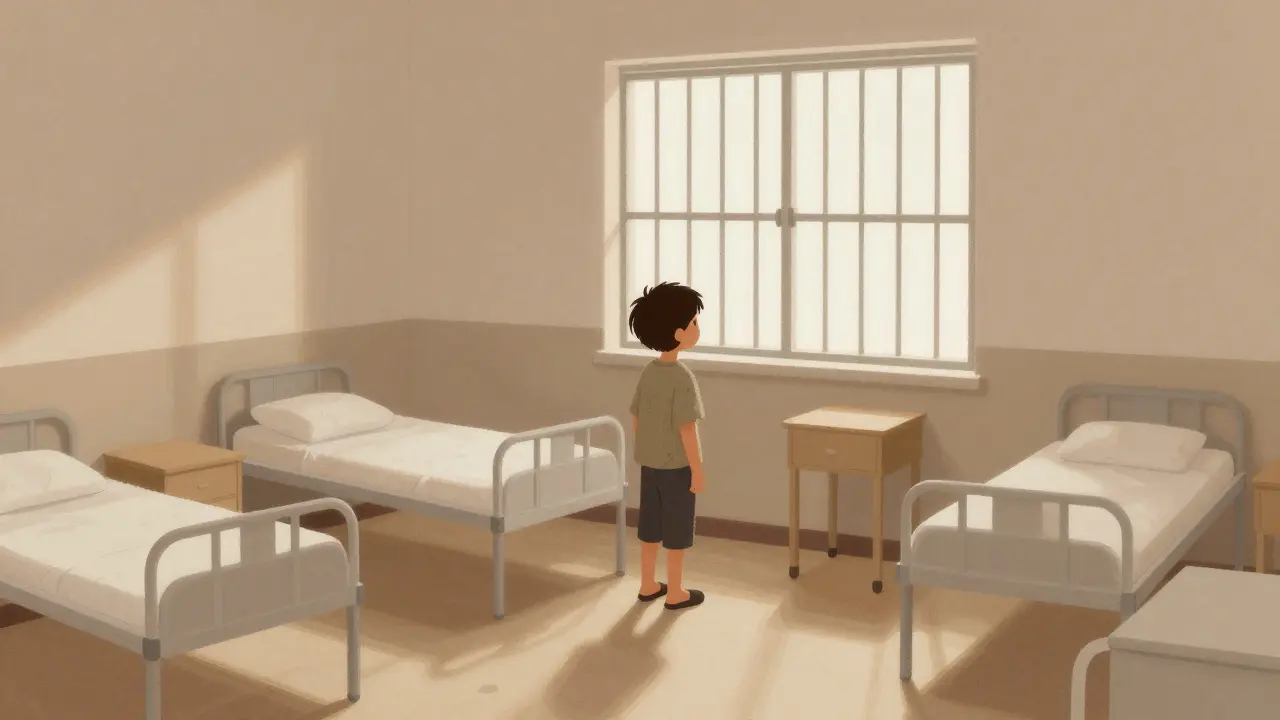 Dítě v ústavním zařízení s prázdnými lůžky, dívá se skrz mřížové okno.